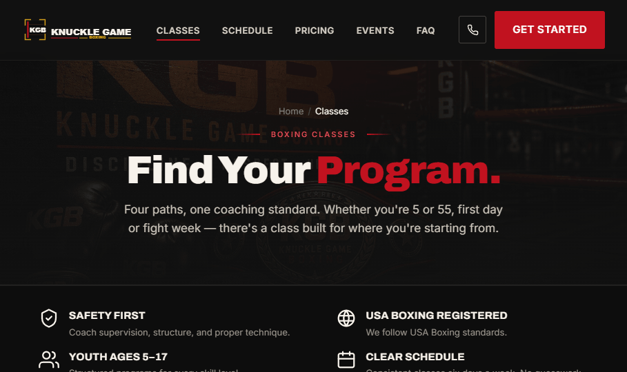 Knuckle Game Boxing classes page — youth and adult program paths
