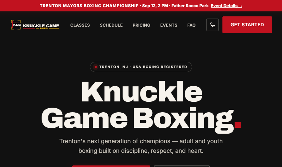 Knuckle Game Boxing homepage — dark hero, trust markers, and class overview