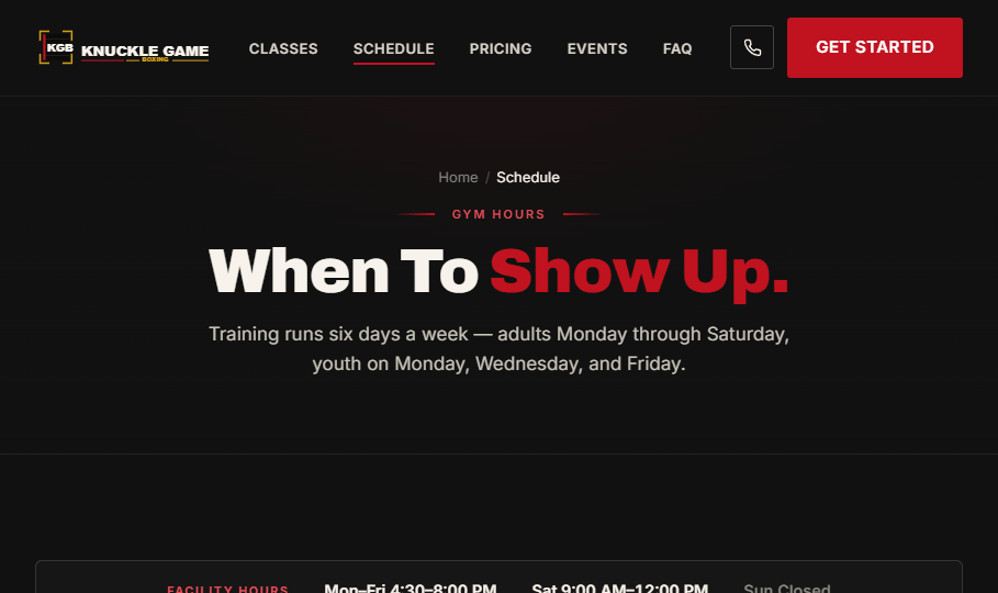 Knuckle Game Boxing schedule page — six-day training calendar